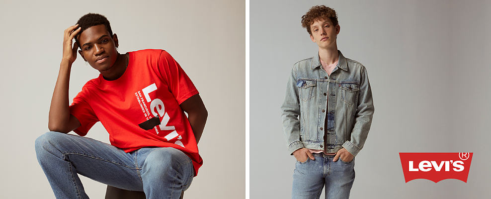 A young man in a red t-shirt and blue jeans. A young man in a denim jacket and jeans. Levi's logo.