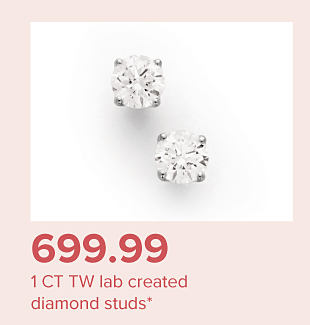 Image of diamond earrings. $699.99 1 carat total weight lab created diamond studs.