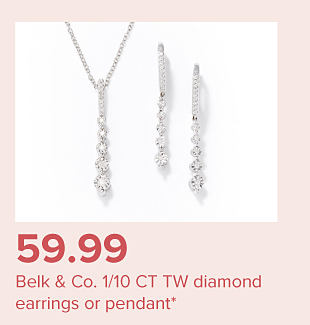 Image of a silver necklace and matching earrings. $59.99 Belk and Co 1/10 carat total weight diamond earrings or pendant.