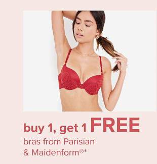  Image of a woman wearing a red bra. Buy 1, get 1 free bras from Parisian.