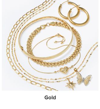 An image of gold jewelry. Shop gold.