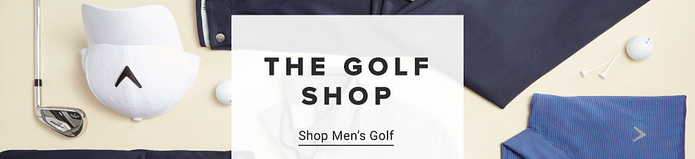 A laid down assortment of golf apparel and accessories, including a club, balls, hat, polos and pants. The Golf Shop. Shop men's golf.