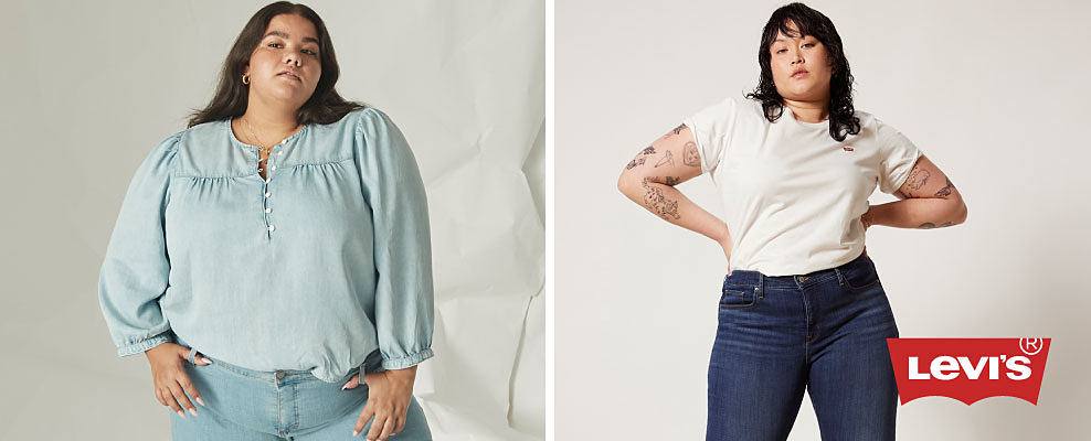 Image of a woman in a blue blouse and jeans. Image of a woman in a white shirt and jeans. Levi's logo.