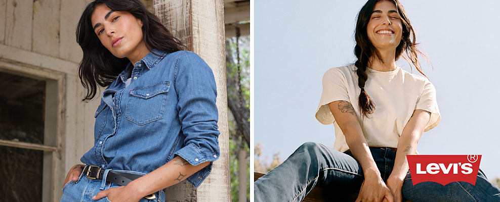 Image of a woman in a denim shirt and jeans. Image of a woman in a white shirt and jeans. Levi's logo.