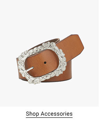 A brown belt with a silver buckle. Shop Accessories