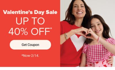 Valentine's Day Sale. Up to 40% off. Get coupon. Now through February 14.