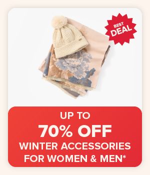 Image of a beanie and scarf. Up to 70% off winter accessories for women and men.