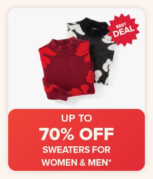 Image of a red sweater and a black and white sweater. Up to 70% off sweaters for women and men.