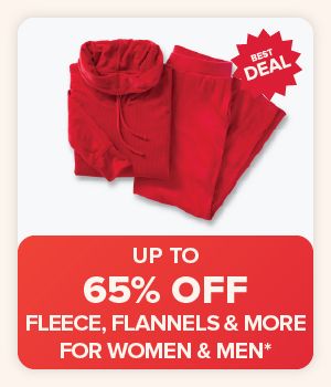 Image of a red hoodie and matching lounge pants. Up to 65% off fleece, flannels and more for women and men.