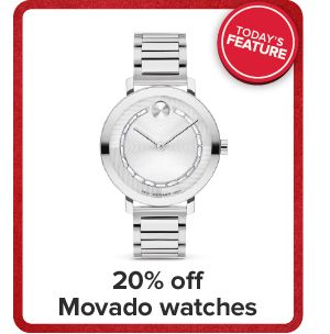 Image of a silver watch. 20% off Movado watches.