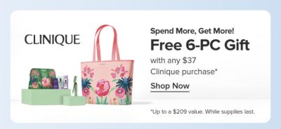 Spend more, get more. Free six piece gift with any $37 Clinique purchase. Shop now. Disclaimer. Up to $209 value. While supplies last. A floral pink bag next to a green makeup bag with different Clinique products.