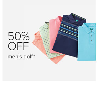 50% off men's golf. Image of various men's golf shirts. 