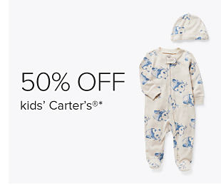 50% off kids' Carter's. Image of a baby onesie and matching hat.