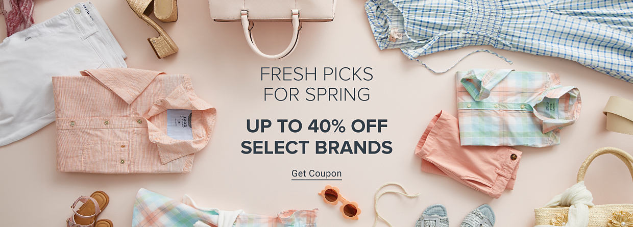 An image featuring a variety of spring apparel and accessories. Fresh picks for spring. Up to 40% off select brands. Get coupon.