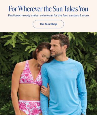 For wherever the sun takes you. Find beach-ready styles, swimwear for the fam, sandals & more. Shop The Sun Shop. A woman and a man outside in swimwear.