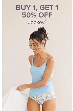 An image of a woman wearing a light blue camisole and floral panties. Buy 1, get 1 50% off Jockey.