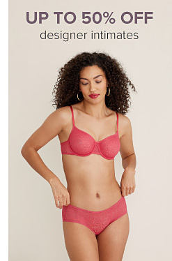 An image of a woman wearing a red bra and panty set. Up to 50% off designer intimates.