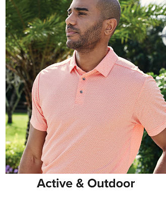 A man in a peach polo. Shop active and outdoor.