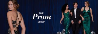 Image of 3 young women and 1 man wearing formal fashion. The prom shop. 