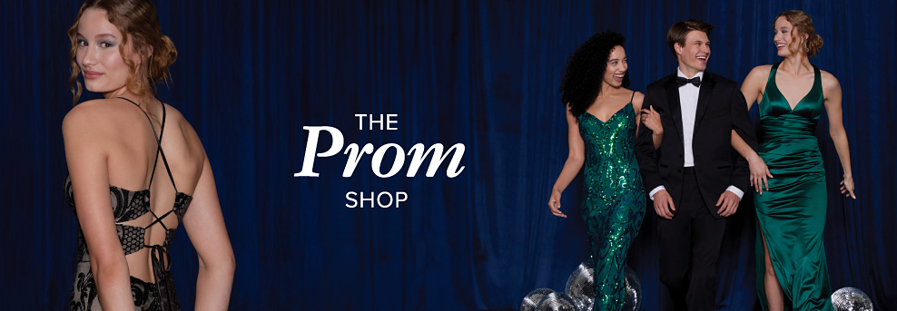 Image of 3 young women and 1 man wearing formal fashion. The prom shop. 