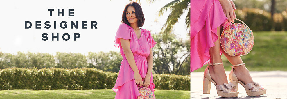 Image of a woman wearing a pink dress and holding a floral handbag. The designer shop.
