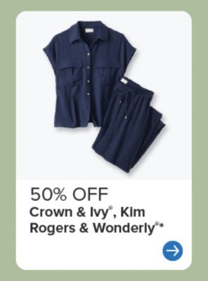 A blue blouse and pants. 50% off Crown and Ivy, Kim Rogers and Wonderly.