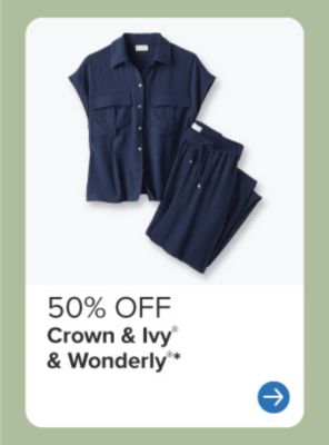 A blue blouse and pants. 50% off Crown and Ivy and Wonderly.