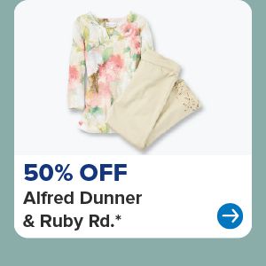 A floral top and tan pants. 50% off Alfred Dunner and Ruby Road.