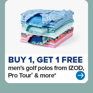 A stack of folded polos. Buy one get one free men's golf polos from IZOD, Pro Tour an dmore.