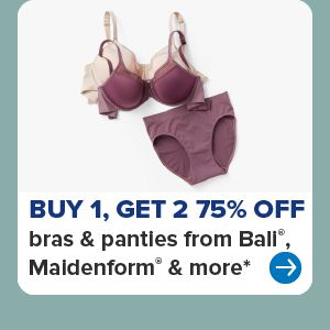 Tan and purple bras and panties. Buy one, get two 75% off bras and panties from Maidenform, Bali and more.