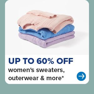 A stack of folded sweaters. Up to 60% off women's sweaters, outerwear and more.