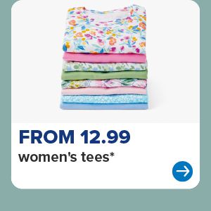 A stack of folded women's tees. From 12.99 women's tees.