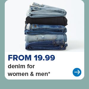 A stack of folded jeans. From 19.99 denim for women and men.