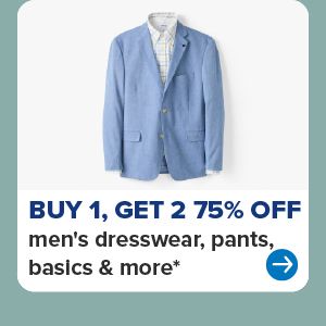 A light blue men's blazer. Buy one, get two 75% off men's dresswear, pants, basics and more.