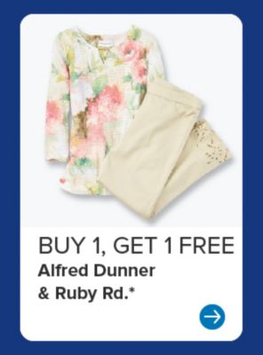 A floral top and tan pants. Buy one get one free Alfred Dunner and Ruby Road.