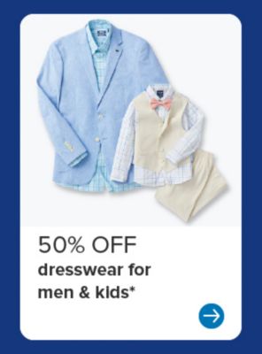 A light blue men's blazer and dress shirt, and a boy's dress shirt, vest and pants. 50% off dresswear for men and kids.