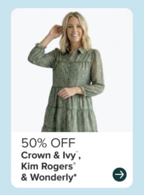 50% off Crown and Ivy, Kim Rogers and Wonderly. Woman in green patterned dress. 
