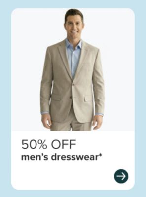 50% off men's dresswear. Man in tan blazer with blue shirt. 