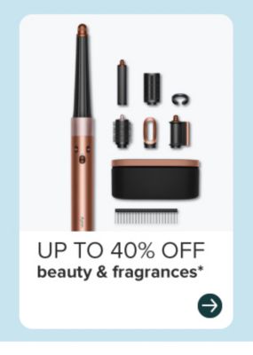 Up to 40% off beauty and fragrances. Rose gold beauty tool set with brush and accessories.