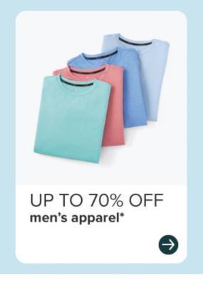 Up to 70% off men's apparel. Stack of folded t-shirts in mint, coral, and blue. 