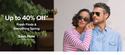 Up to 40% off. Fresh finds and everything spring. Save now. Woman in a blue top.