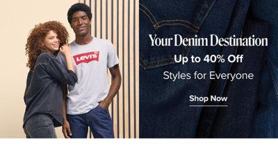 A man and woman in Levi's apparel. Your denim destination. Up to 40% off styles for everyone. Shop now.