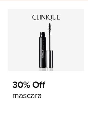 Clinique logo. An image of a tube of mascara. 30% off mascara. Shop now.