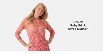 A woman in a pink long sleeve shirt. 55% off Ruby Rd. and Alfred Dunner. 