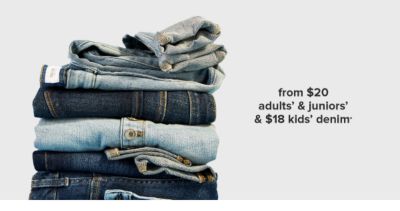 A stack of denim in different shades of blue. From $17 denim.