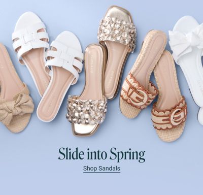 Slide into spring. Shop sandals. Three different pairs of womens sandals.
