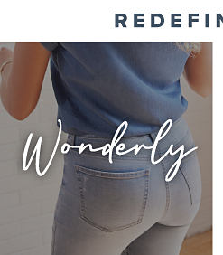 Redefine your denim with our top brands. Images of men and women wearing denim with logos. Shop Wonderly. 