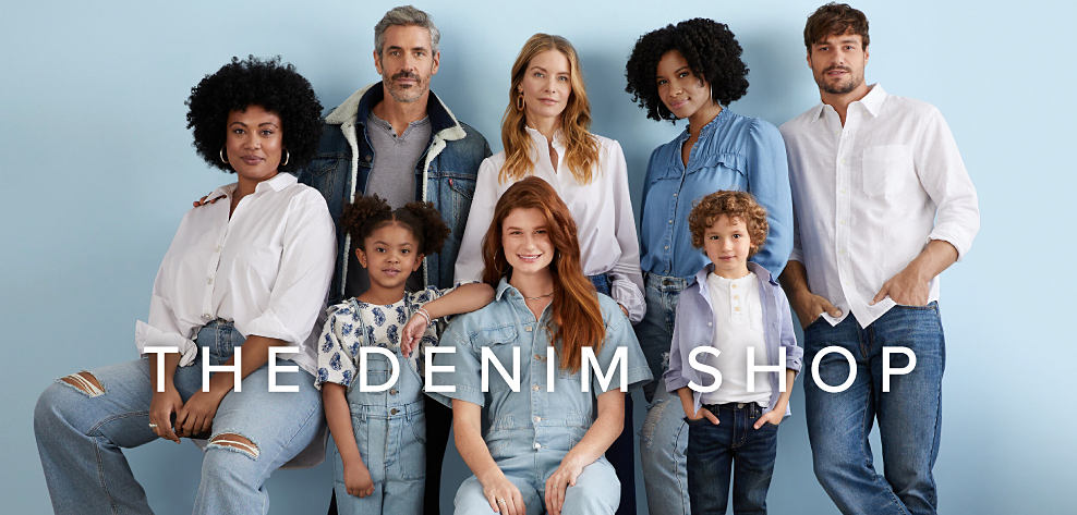A group of adults and kids wearing denim. The denim shop.