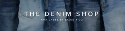 A background image of overlapping jeans. The denim shop. Available in sizes 4 to 32. 