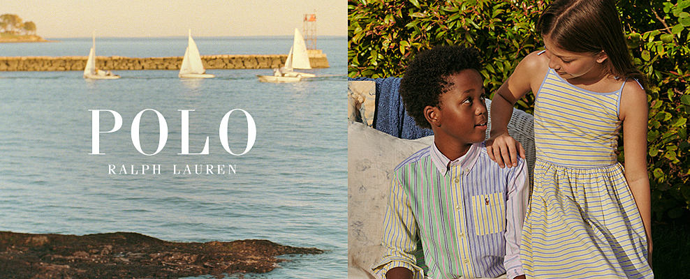An image of sailboats at sea. An image of a boy and girl in Ralph Lauren clothing. Polo Ralph Lauren. 